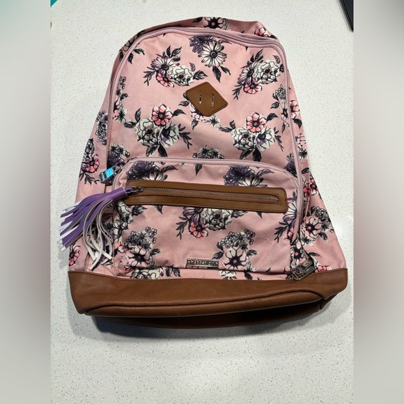 Madden Girl Pink Floral Backpack with Brown Trim - Picture 1 of 11